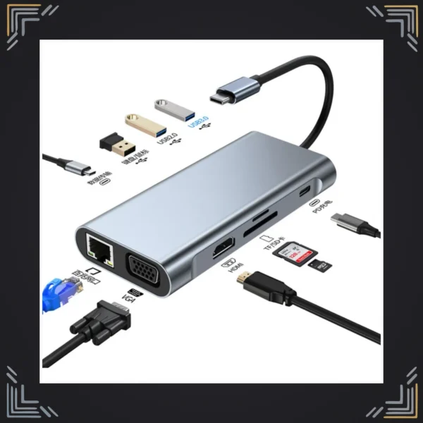Hub USB-C 11 en 1 · HDMI 4K · PD 100W · RJ45 · SD/TF · VGA