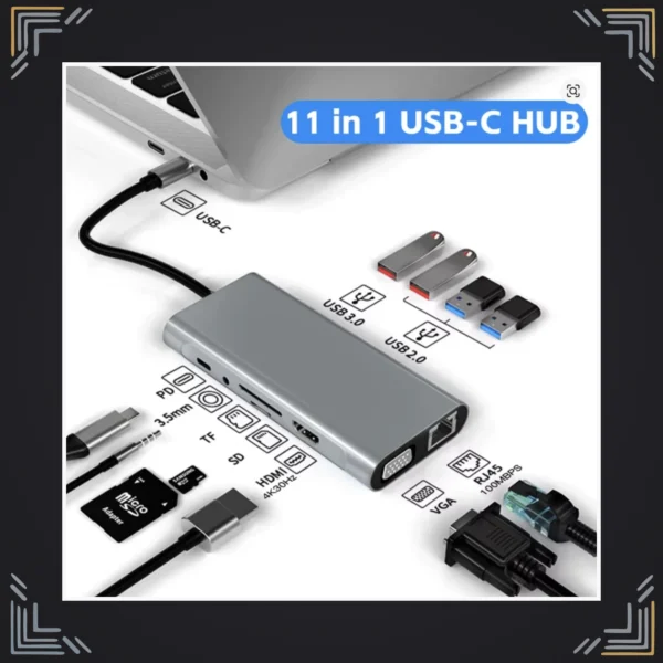 Hub USB-C 11 en 1 · HDMI 4K · PD 100W · RJ45 · SD/TF · VGA